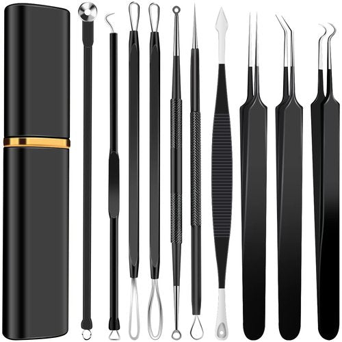 BXUYAOXMC 10Pcs Stainless Steel Pimple Popper Tool Kit, Blackhead Remover Tools Comedone Extractor Set, Acne Needle Tweezers for Facial Nose Care, with Metal Travel Case