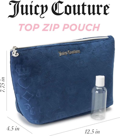 Juicy Couture Makeup Bag - Blue Velour Cosmetics Organizer with Zip Top | Travel Essentials