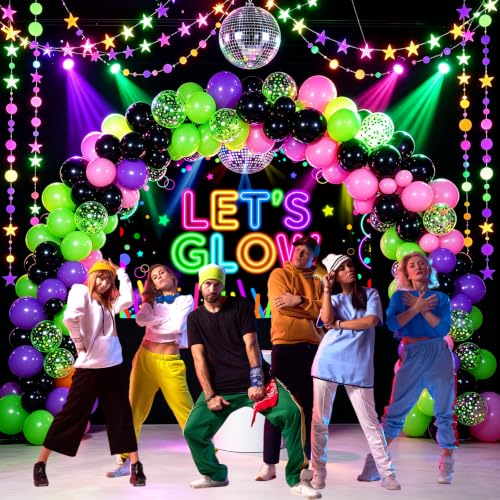 Neon Party Decorations Kit with Balloon Arch Banner Backdrop and UV Balloons