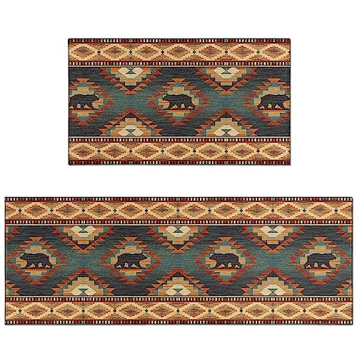 Farmhouse Rustic Bear Kitchen Rugs Set of 2 Non-Slip Washable Floor Mats