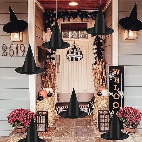 Black Hanging Witch Hats Set - 12 Pieces & 16 3D Bat Stickers for Halloween Decorations