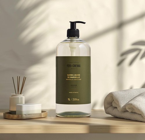 Fer A Cheval Marseille Liquid Soap - Verbena Scented Hand and Body Wash with Shea Butter | 1L / 33.8 fl oz
