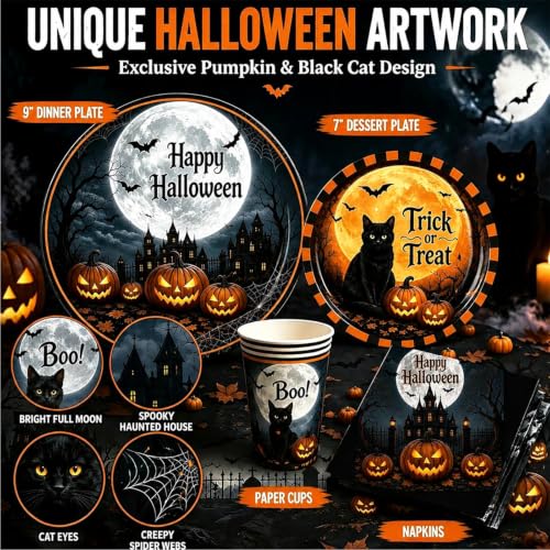 Halloween Party Supplies Set for 24 Guests - Plates, Napkins, Cups, Forks & Tablecloth - Halloween