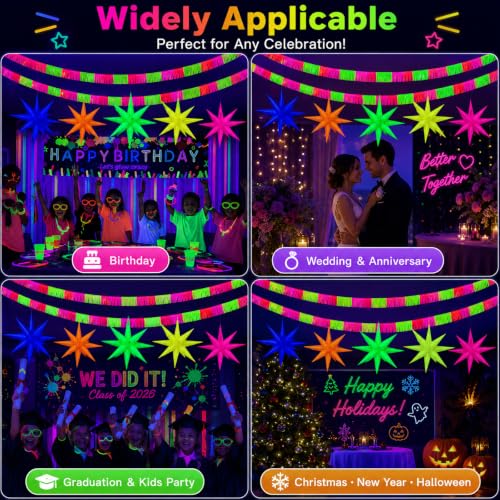 Glow in The Dark Neon Party Decorations Set – Star Balloons & Streamers for Birthday & Event Backdrops