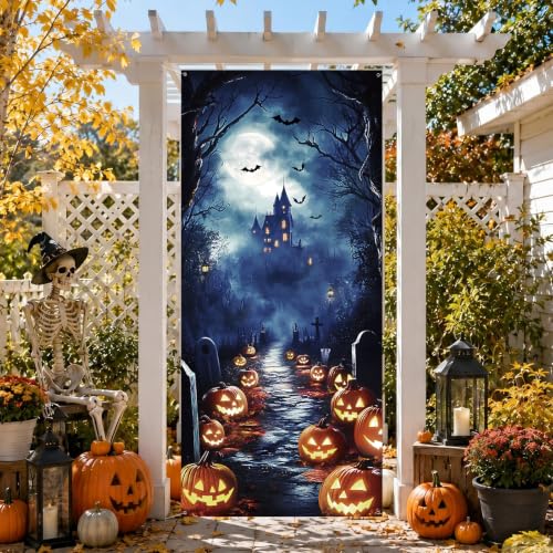 Halloween Door Cover - Large Spooky Pumpkin Castle Bat Backdrop Decor 35x79 Inches
