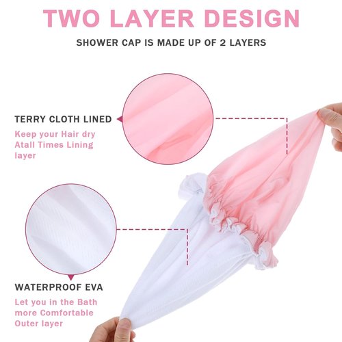 Skiennix Reusable Shower Cap - Waterproof Terry Cloth Lined Design | Pink Double Layer for All Hair Lengths
