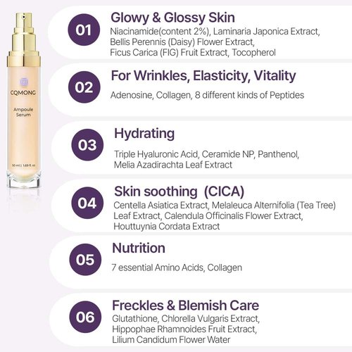 CQMONG Ampoule Facial Serum 1.69 fl oz for Glowy Skin, Hydrating, Wrinkles, Dark spot, Fleckles & Blemish/Hyaluronic Acid, Vitamin C, Collagen, Peptide, Niacinamide/Natural Herb Scent/Korean