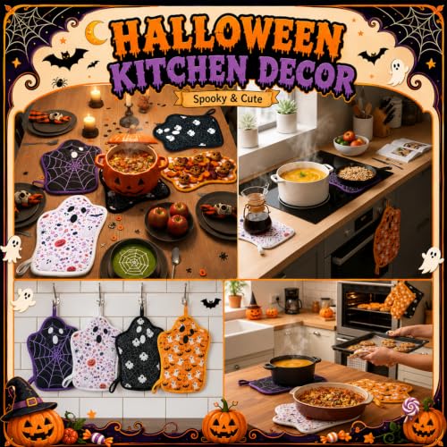 Halloween Ghost Pot Holders Set for Kitchen - Cute Oven Hot Pads, 4-Pack