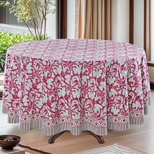 Ridhi Hand Block Print Cotton Round Tablecloth - Deep Pruce Red 60 Inch