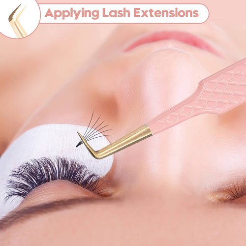 Ms.Queen 90 Degree Lash Tweezers for Eyelash Extensions, Precision Fiber Tip Grip Mega Volume Lash Tweezers