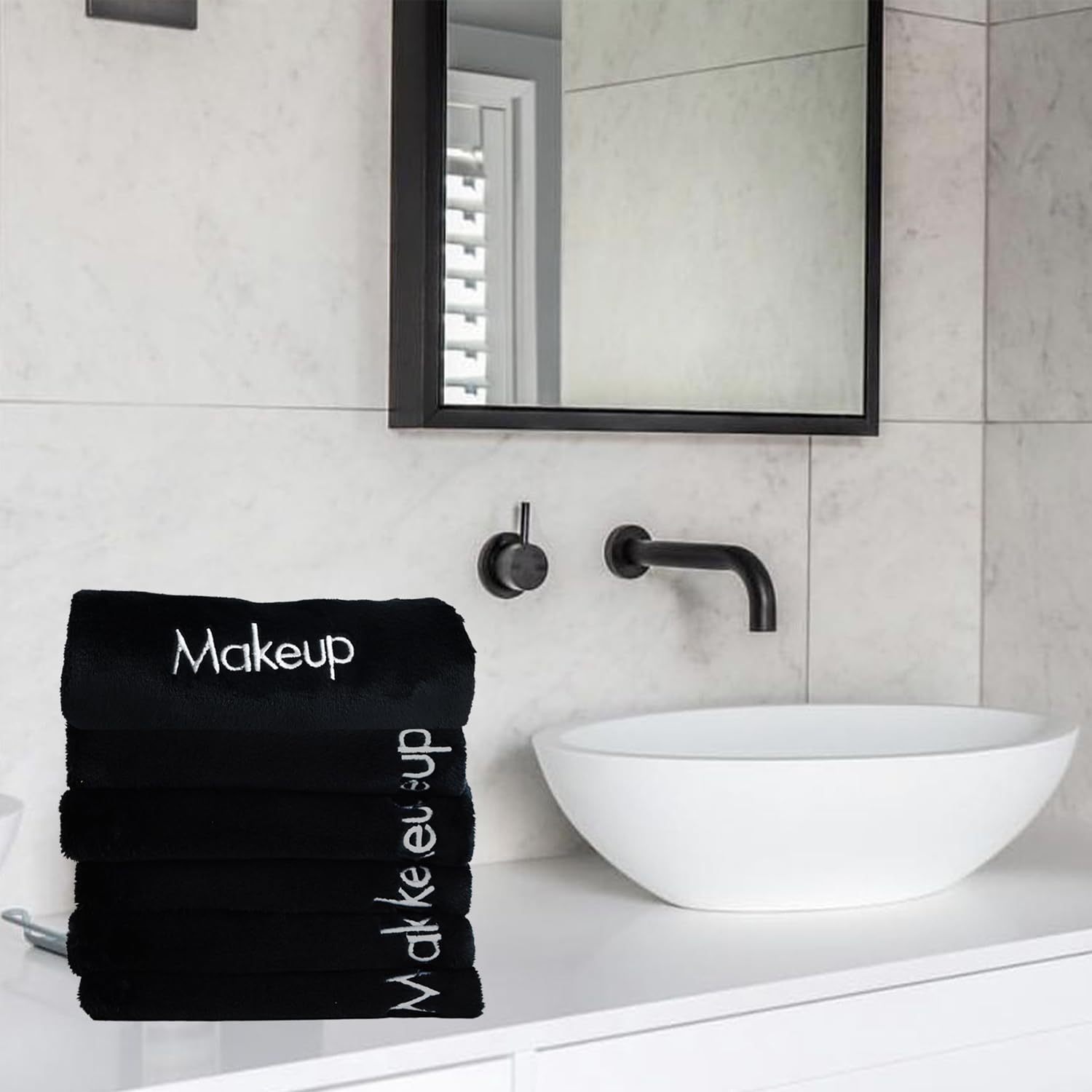 Vnoss Makeup Towels - Pack of 6 - Ultra Soft & Gentle Microfiber Coral Fleece Washcloth Face Make Up Remover, 13 x 13 in, Black