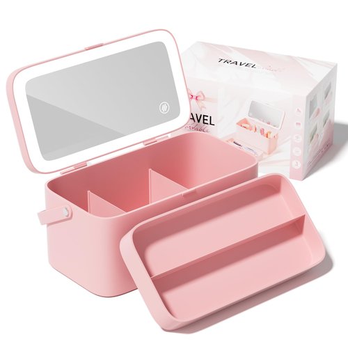 Bdjso Makeup Case with Mirror and Light - Portable Cosmetic Box Rechargeable with 3 Color Mode and DIY Partitions for Women Girls (Pink B)