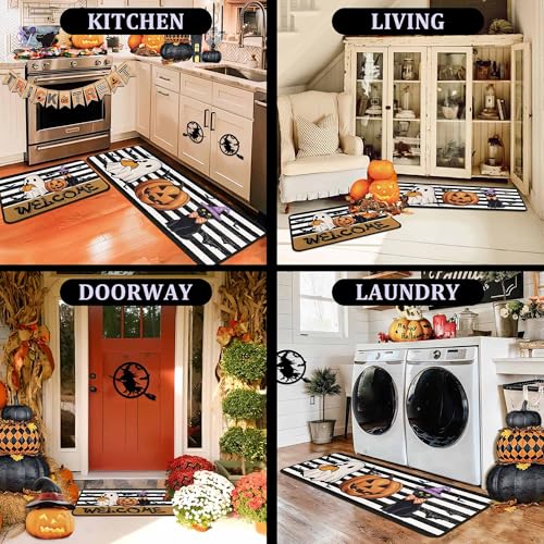 Halloween Pumpkin Ghost Bat Black Cat Door Mat Set of 2 - Floor Rugs for Home & Kitchen Decor - Black Cat Variation