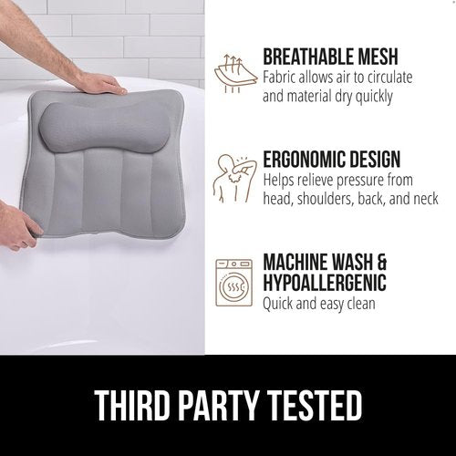 GORILLA GRIP Bath Pillow for Tub, Strong Suction Cups, Headrest with Mesh FlexComfort Technology, Neck, Head and Back Support, Luxury Machine Wash Bathtub Pillows, Spa Essential Accessories, Gray