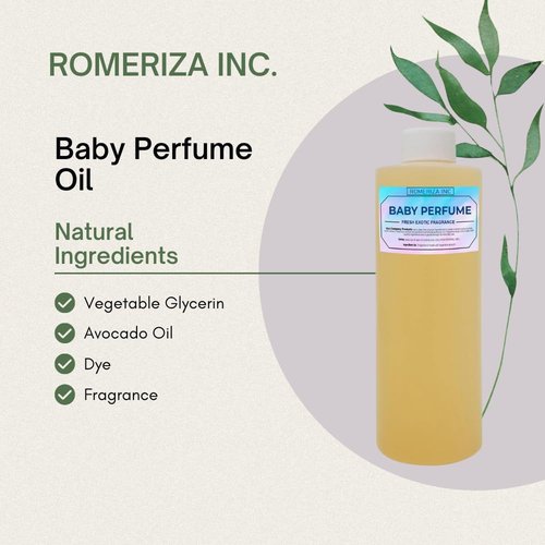 ROMERIZA INC. Baby Essential Fragrance Body Oil – Luxury Unisex Baby Oil Perfume with Long Lasting Baby Powder Scent – Soft Baby Smell, Uncut Perfume Oil, Scented Body Oil for Women & Men – 4 Fl Oz