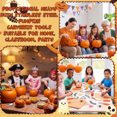 Halloween Pumpkin Carving Kit 160 Pieces Classic Style with Tote Bag & Stencils - 8 Person Set