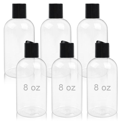 Neendohome 6 Pack 8 oz Empty Plastic Bottles with Black Disc Caps Reusable Clear Leak-Proof Travel Squeeze Containers for Shampoo Conditioner Toiletries Liquid Soap