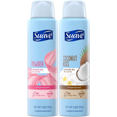 Suave Antiperspirant Deodorant for Women, Powder & Coconut Kiss Dry Spray Variety 2-Pack – 48H Protection, Anti-Staining Formulas, Talc-Free