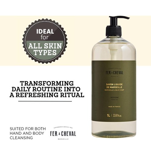 Fer A Cheval Marseille Liquid Soap - Verbena Scented Hand and Body Wash with Shea Butter | 1L / 33.8 fl oz