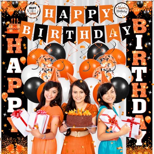 Orange and Black Birthday Party Decorations Set with Banner Balloons & Swirls