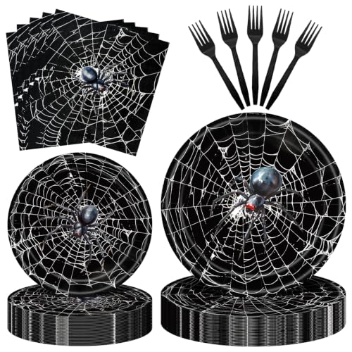 Halloween Spider Web Disposable Tableware Set - 96 Pieces with Napkins & Black Forks - Spider Web Variation
