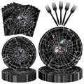 Halloween Spider Web Disposable Tableware Set - 96 Pieces with Napkins & Black Forks - Spider Web Variation