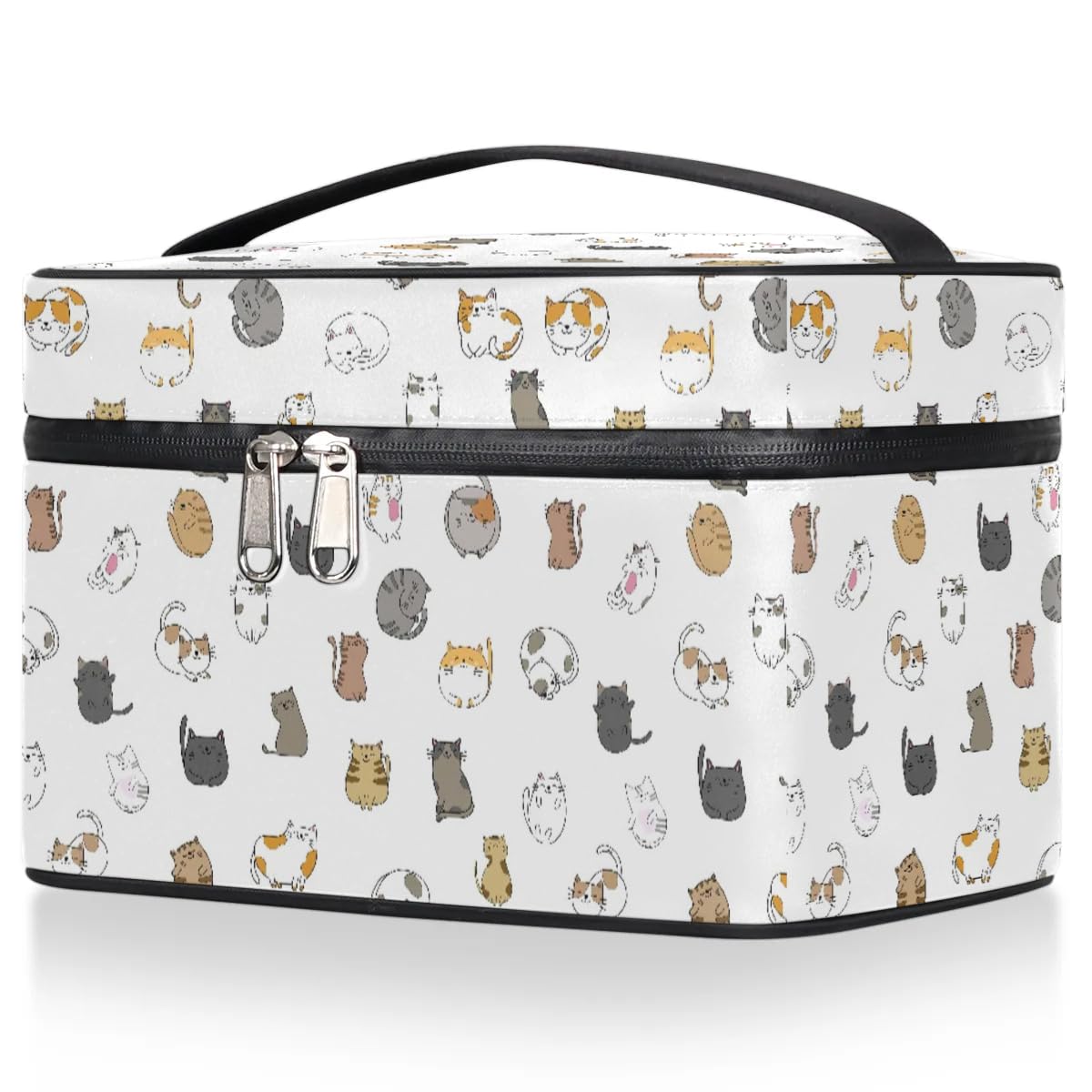 YoCosy Large Makeup Bag Travel Cosmetic Bags for Women White Cute Colorful Animal Cat Makeup Organizer Case Toiletry Bag for Girls Traveling Wide Open Portable Pouch with Handle