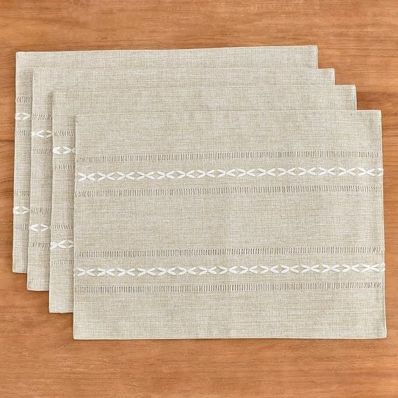 Hemstitched Cotton Linen Place Mats Set of 6 - Coffee Embroidered Boho Table Decor