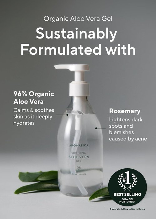 Aromatica Organic Aloe Vera Gel - Sunburn Relief & After Sun Care | 10.14oz/300ml, EWG Verified