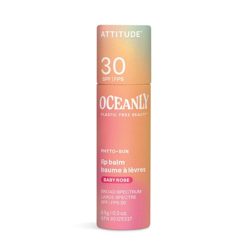 ATTITUDE Oceanly Tinted Lip Balm - SPF 30, EWG Verified, Plastic-Free, Vegan, Baby Rose, 0.3 Ounce