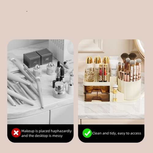 Makeup Organizer for Vanity with 2 Drawers,Countertop Rotating Makeup Brush Holder,Bathroom Organizer Holder,Cosmetic Display Case for Lipstick,Beauty,Skincare Organizer (Cream)