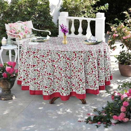 Round Cotton Tablecloth - Garnet Red 90 Inch Hand Block Print