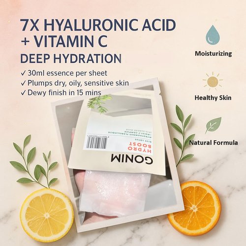 GONIM Face Mask - Hydrating Korean Skin Care with Hyaluronic Acid & Vitamin C | Anti-Aging Sheet Mask, 30ml x 15pcs
