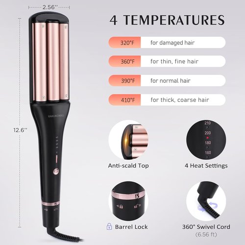 4 in 1 Crimper Hair Tool - Hair Waver with Adjustable Depths for 4 Wavy Styles, Beach Waves Curling Iron with 3 Ceramic Barrels, 4 Temperatures, Dual Voltage, Glove & Clips, for Women (Gold)