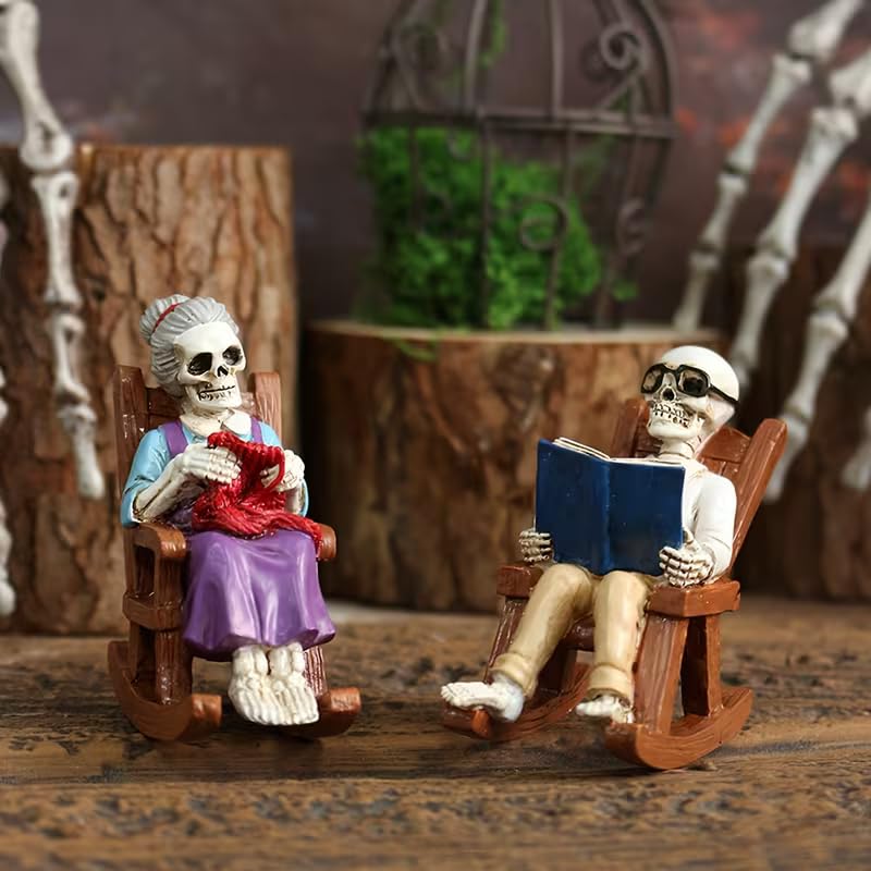 Set of 2 Gothic Skeleton Rocking Chair Tabletop Decorations for Halloween & Home