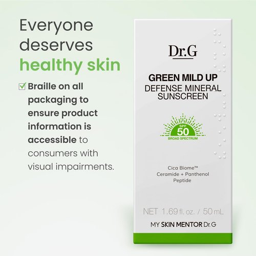Dr. G Green Mild Up Defense Mineral Sunscreen - SPF 50 Broad Spectrum Korean Sunscreen - Lightweight & Reef-Safe Mineral Formula - For Sensitive Skin - Non-Greasy - With Centella Asiatica - 1.69 fl oz
