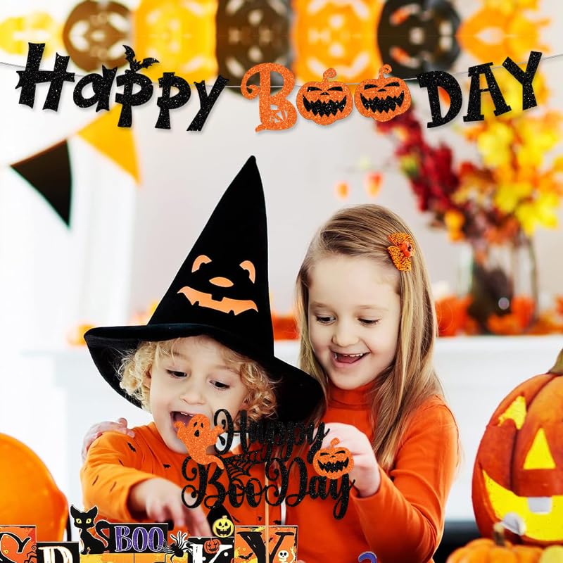 Halloween Banner and Cake Topper Set - Glitter Black Happy Boo Day Decorations