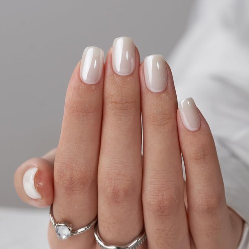 BTArtbox Press On Nails - Short White Soft Gel Square Chrome Tips | Reusable 30-Piece Kit in 15 Sizes - Vanilla Glazed