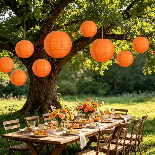 Orange Paper Lanterns for Party Decorations - 8, 10, 12 Inch, 9pcs, Mixed Sizes