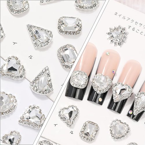 qiipii 24Pcs 3D Alloy Silver Clear Nail Art Rhinestones Luxury Charms for Nails- 3D Alloy Heart Nail Charms, Elegant Silver Nail Crystal Diamonds Stones Studs for Acrylic Nails DIY Crafts Jewelry