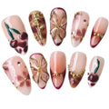 Handmade Press On Nails Medium Almond Elegant 3D Cherry & Gold Floral Accent False Nails | Nude Pink Base with Wine-Red Tips, Reusable Acrylic Fake Nails (Wine Cherry, L)
