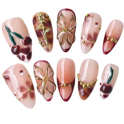 Handmade Press On Nails Medium Almond Elegant 3D Cherry & Gold Floral Accent False Nails | Nude Pink Base with Wine-Red Tips, Reusable Acrylic Fake Nails (Wine Cherry, L)