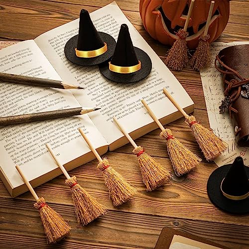 16Pcs Mini Witch Hat Set with Small Brooms for Halloween Party Crafts