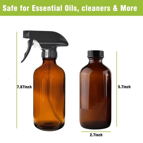 HAOERMEI 8OZ Amber Glass Spray Bottles - 2 Pack - Empty Refillable Bottle for Essential Oils, Plants, Cleaning Solutions, Hair Mister - Durable Nozzle w/Fine Mist and Stream Setting