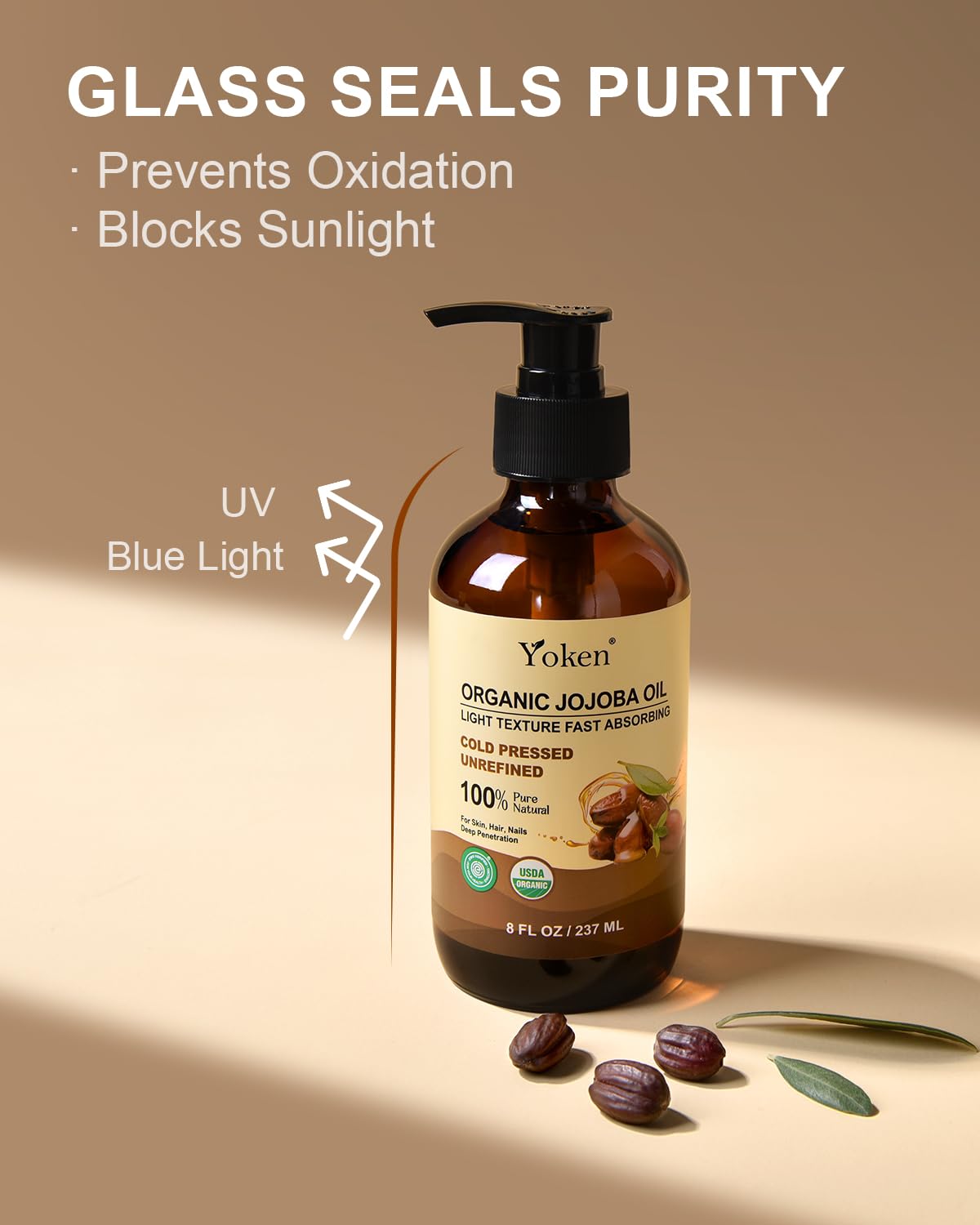 Yoken Organic Jojoba Oil - 100% Pure & Natural Cold Pressed Oil for Hair, Skin & Face | 8 fl oz Glass Bottle