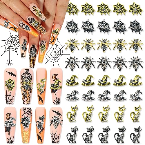 Halloween Nail Charms Kit 40pcs 3D Spider, Cat, Cobweb, Wizard Hat Gold Silver Rhinestones