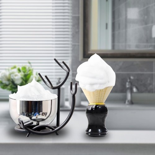 Grandslam Deluxe Shaving Kit for Men, 3 in 1 Shaving Set Includes Shaving Brush, Stainless Steel Shaving Bowl and Razor & Brush Holder, Black Set