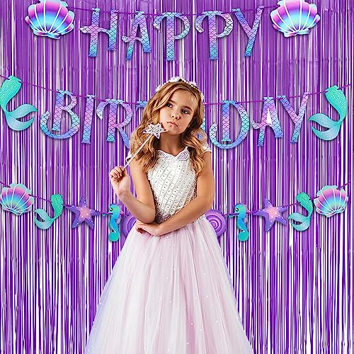Purple Foil Fringe Party Backdrop and Pink Banner for Butterfly Celebration