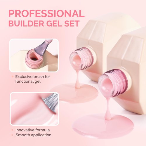 MelodySusie 2PCS 15ML Nude and Pink Builder Gel Set for Nails Thickening, Soak Off UV Extension Gel Rhinestone Glue in a Bottle for Nail Art Design Gift for Women DIY Manicure at Home