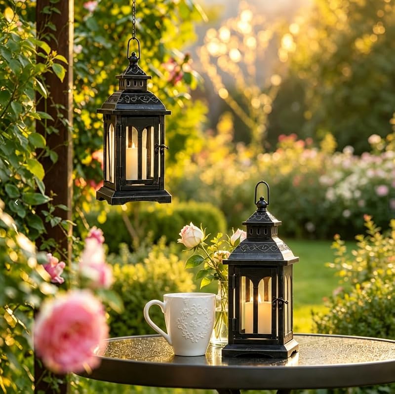 DECORKEY Black Copper Brush Candle Lanterns 2-Pack Indoor Outdoor Home Decor